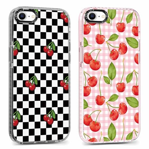 RUMDEY 2 Pack Cute Coquette Cherry Phone Case for iPhone 7/8 / SE 2020/2022 4.7, Clear Aesthetic Checkered Checkerboard Pattern Print Design Women Girls Case Soft Slim Shockproof TPU Funda Cover