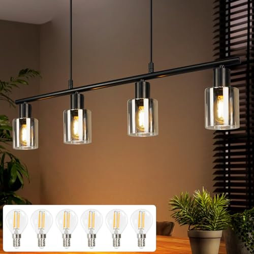 Kowanie Hängelampe 4 flammig Pendelleuchte esstisch - Vintage Esstischlampe hängend Schwarz industrial Hängeleuchte aus Glas E14 Esszimmerlampe mit 6 × 4W 2700K Leuchtmittel Pendellampe für Esszimmer