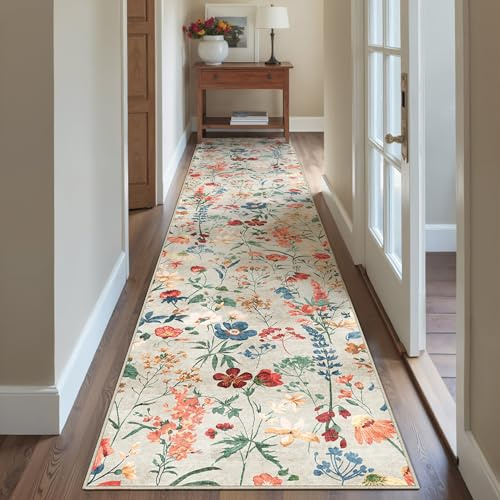 HUGEAR Läufer Flur Teppich 80x400cm Beige Waschbar Teppichläufer Runner | Blumen Blumenmuster Läufer Teppiche,Waschbar Rutschfest,Weich,Boho Neutral Modern,für Schlafzimmer,Küche