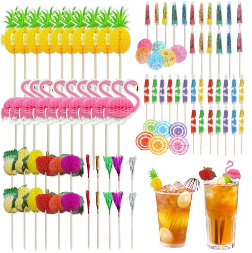 JNYUTEEN 120 Stück Cocktail Deko, 6 Stile Cocktail Zubehör, Bunte Cocktail Schirmchen Feuerwerk Sticks Papierschirmchen Cocktail Dekoration Für Sommerparty Hochzeit Empfang Getränke Kuchen Topper