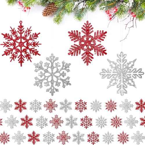 Spetsbst 32 Stück Schneeflocken Weihnachten Deko mit Seilen Weihnachtsdeko Anhänger 10cm Glitzer Weihnachtsanhänger Chneeflocken Christbaumschmuck (Silber + Rot)