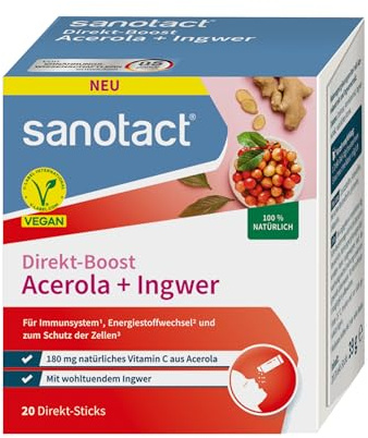 sanotact® Direkt-Boost Acerola + Ingwer | 20 Sticks | 180 mg natürliches Vitamin C aus Acerola | mit Ingwer-Extrakt | Immunsystem & Zellschutz¹ | vegan, zuckerfrei, glutenfrei, laktosefrei