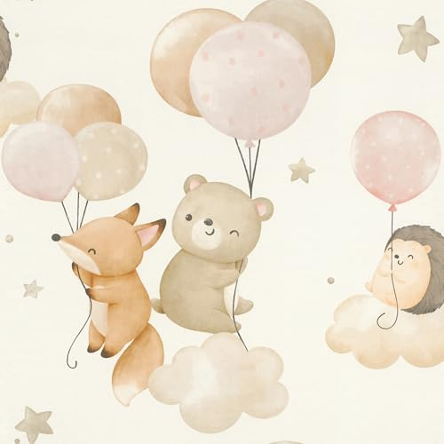 Rasch Kids World Collection 302110 Non-Woven Wallpaper with Animals and Balloons, Children's Wallpaper with Hedgehog, Bear and Fox in Pink and Beige