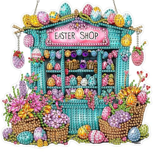 DAERLE Diamond Painting Anhänger Osterladen, 5D Diamond Painting Fensterbilder Hängend für Erwachsene, Hängende Ornament Bastelset Set Ornament Tür Fenster Wand Decor, Osterkorb mit Eiern