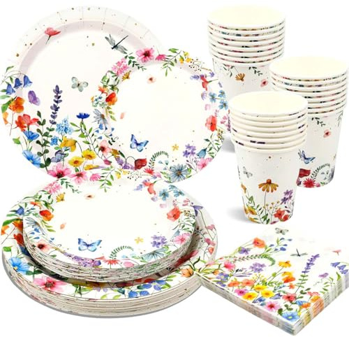 100 Pcs Spring Wildflower Party Decorations Wildflower Baby Shower Decorations Tableware Includes Plates Napkins Cups for Spring Summer Picnic Wedding Birthday Tea Party Serves 25