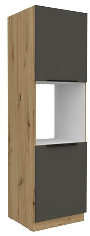 Kuechen-preisbombe Küchen Hochschrank 60 cm Küche ARIA Graphite Ultra matt + Eiche Artisan matt, hochwertige Fronten mit Anti Fingerprint Beschichtung, Soft-Close Küchenzeile Küchenblock