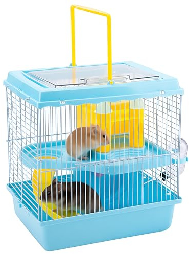 Kronabelle Blauer Hamsterkäfig mit Rutsche, Schloss, Wasserflasche und Futternapf, 26 x 20 x 29 cm, 2-lagiger, tragbarer Hamsterkäfig, Tragegriff oben und einfache Reinigung