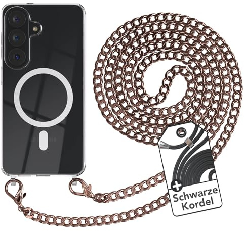 EAZY CASE - Handykette kompatibel mit Galaxy S26 Kette zum Umhängen Stoßfest Handyhülle für Galaxy S26 Silikon Hülle mit Band aus Metall Transparent als Fallschutz in Rosé-Gold