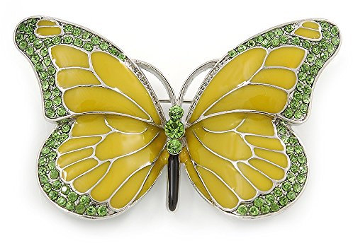 Olive/Light Green Enamel, Crystal Butterfly Brooch In Rhodium Plating - 65mm Across