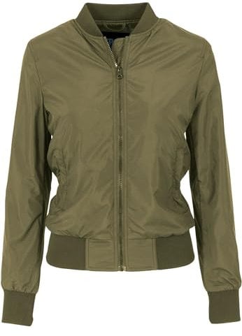 URBAN CLASSICS Women's Light Bomber Jacket with Ribbed Cuffs, Lightweight Flight Jacket for Mid-Season Weather, Longsleeve Jacket with Zipper & Pockets, Colour: Olive, Size: Small