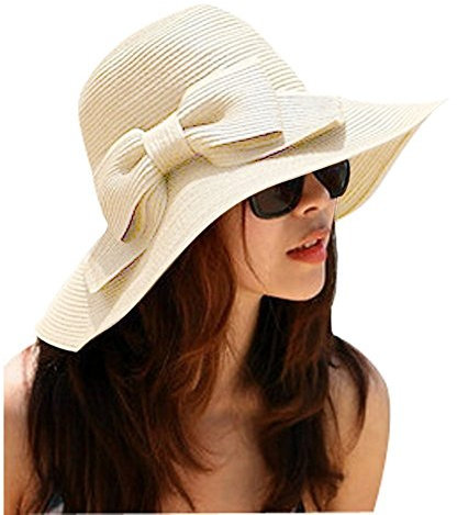 LA HAUTE - Chapeau de paille de plage pour femmes - Pliable avec un bord large et doté d'un grand nœud Taille unique beige