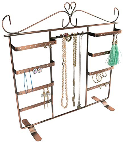 LAUBLUST Schmuckständer für Ohrringe, Ketten & Armbänder - ca.35x34x11cm, Kupfern - Dekorativer Metall Schmuck-Halter 4 Doppeletagen & Haken | Schmuck-Aufbewahrung | Ohrring-Ständer | Kettenhalter