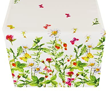 KAMACA Wiesenblumen und Schmetterlinge hochwertiges Druck-Motiv mit Blumen Garten, Outdoor, und Haus in Frühling Sommer Ostern und Frühlingstischdecke (Tischläufer 40x140 cm)