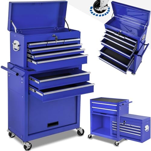 tectake Werkstattwagen Trolley mit Kofferaufsatz, Werkzeug Wagen abschließbar, 10 Fächer, Mobile Werkbank ohne Werkzeug, aus Stahl, Rollen mit Bremsen, Werkzeugwagen leer, Werkzeugschrank - blau
