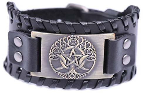 Bracelet païen en cuir triple déesse de la lune pentagramme arbre de vie pour homme/femme (bronze antique, noir)