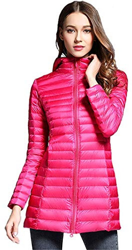 Ultra Légère Doudoune à Capuche Longue Femme en Duvet de Canard Blanc Manteau Hiver Down Veste Compressible Outdoor Sport Rose Rouge Medium