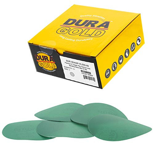 Dura-Gold Dischi abrasivi con pellicola verde da 12,7 cm, grana 500, confezione da 50, con supporto in velcro per levigatrici DA, finitura abrasiva a taglio fine, sabbia per vernice auto, lavorazione