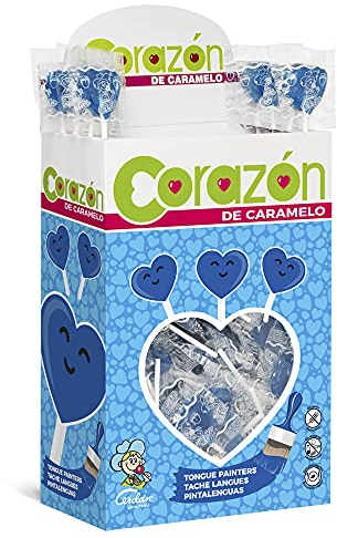 Caramelos Cerdán - Piruletas Súper Corazón Pintalenguas Sabor Frambuesa | Estuche de 100 uds | Caramelo Duro con Palo sin Gluten ni Alérgenos | Ideal para Fiestas y Cumpleaños