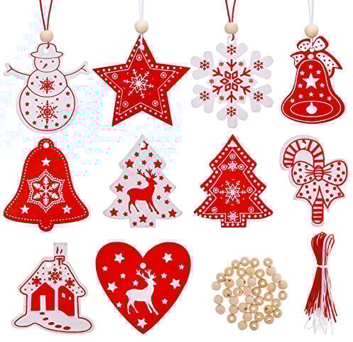 40 Pezzi Ornamenti Natalizi in Legno da Appendere,Pendenti Legno Natalizi Addobbi Albero,per Albero di Natale Fai da Te Bianco Rosso