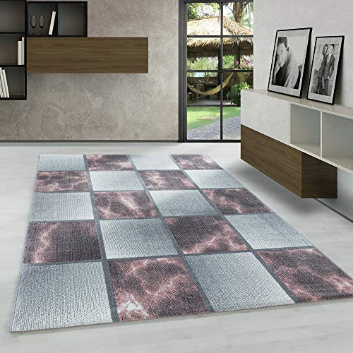 Carpetsale24 Modern Designer Teppich, Kurzflor Karo Design - Marmor Optik, Rechteckig, Rosa Grau Weiß, Wohnzimmer, Schlafzimmer oder Jugendzimmer Teppich, Größe:160 x 230 cm