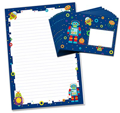 Briefblock mit Umschlag Roboter für Kinder Briefpapier-Set (Block A4 mit 25 Blätter + 15 Umschläge)