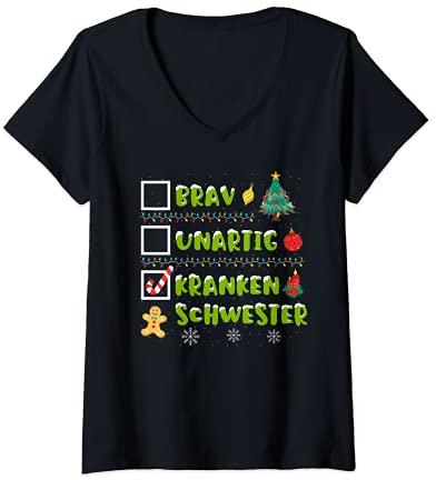 Damen Brav, Unartig, Krankenschwester Adventskalender Weihnachten T-Shirt mit V-Ausschnitt