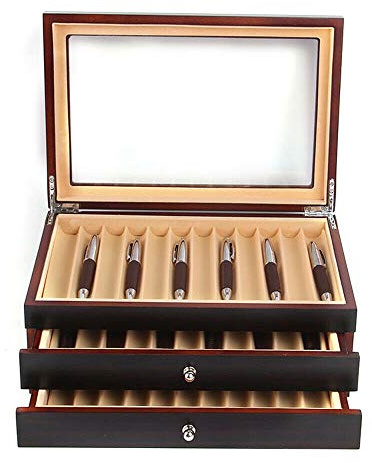 Gorgivous Stiftebox Holz für 34 Füller Stifte, Drei Ebene Vitrine mit Schubladen Schwarz Federhalter Display Box Organizer Box Geschenk für Freund