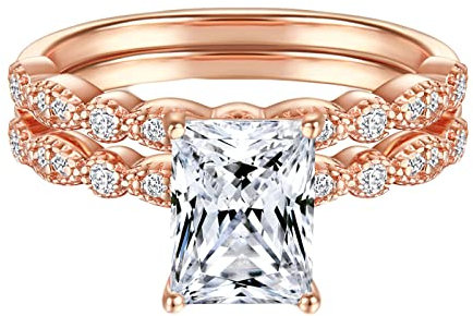 Mesnt Ring 925 Silber Damen Verlobungsringe 2-Ring-Set Rechteckform Weißer Zirkonia 6mm Damen Ringe Modeschmuck Roségold Größe 52 (16.6)