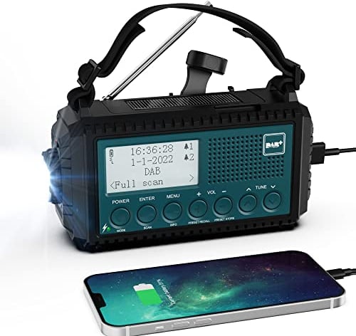 Kurbelradio DAB/DAB+/UKW, Baustellenradio Radio Batteriebetrieben, Tragbare Solar Notfallradio mit 5000mAh Wiederaufladbare Akku, LED Taschenlampe & Leselicht, IPX4, SOS-Alarm für Outdoor, Camping