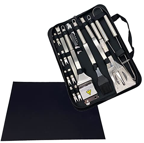Masters & Burrell BBQ Grill Tool Set with Carry Case, Stainless Steel Barbecue Accessories with Storage Bag, Complete Premium Outdoor BBQ Utensil Set (BBQ Set with Grill Mat)