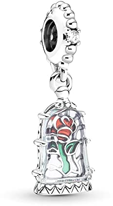Lkwidi Charme Die Schöne und das Biest Verzauberte Rose Dangle Charms-Anhänger 925 Sterling Silber Charm Bead Pendant für Europäische Armbänder und Halsketten
