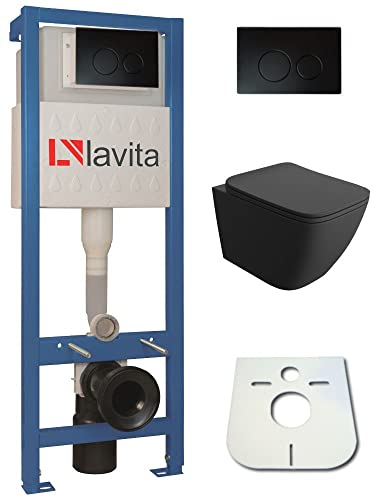 Domino Lavita Vorwandelement inkl. Drückerplatte + Wand WC LINO BLACK ohne Spülrand + WC-Sitz mit Soft-Close-Absenkautomatik (Drückerplatte OB) Toilette Komplett Sett WC