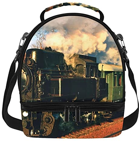 Lonchera de doble piso, con aislamiento, locomotora de vapor de tren vintage, 2 bolsas térmicas impermeables