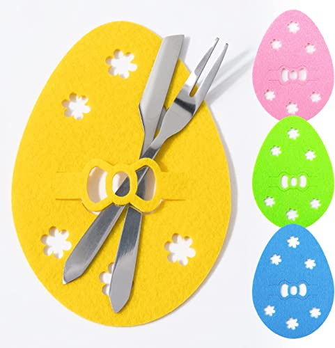 BOFUNX 4pcs Porta Cubiertos de Fieltro de Pascua Bolsitas para Cubiertos Cuchillo Cuchara Tenedor Bolsas Adornos en Forma de Huevo de Pascua Decoración de Mesa para Fiesta Cena