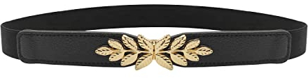 CHEERYMAGIC Elastic Waist Belt for Women Retro Vintage Belt, Waist Belt For Dress Stretchy Belt With Gold Leaf Buckle & Clasp Thin Belts Design Elasticated Belts for Women & Ladies A9-SYDKYD (Black)