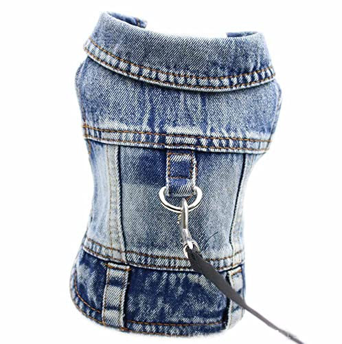 feiling Jeans Hundejacke mit Metallhake für Hundeleine, Denim Hundemantel Outfit Hundekleidung Haustier Weste für Welpen,Kleine, Mittlere Hunde (Blau, M)