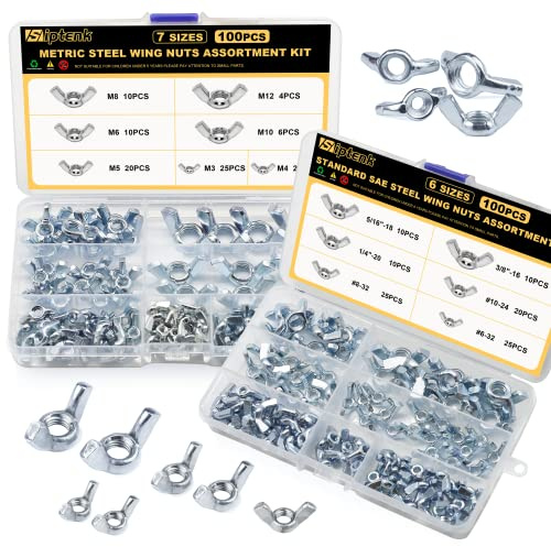 Siptenk Wing Nuts 200PCS, Metric & SAE Wingnuts 13 Assorted Sizes Carbon Steel Zinc Plated Butterfly Wing Nut M3-M12 6-32 to 3/8-16 Fasteners Hardware Assortment Kit