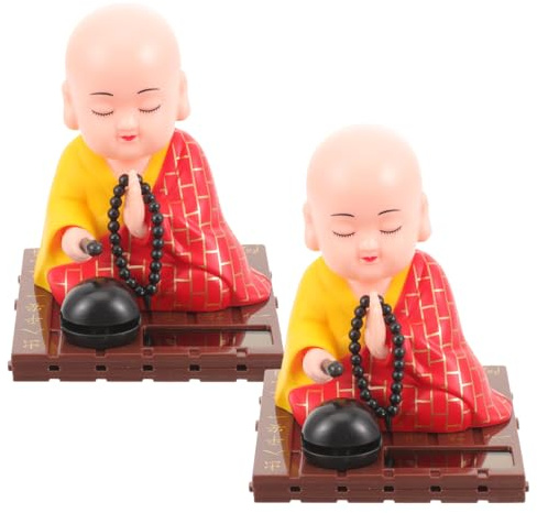 RORPOIR Solar Powered Shaking Head Monk Figurines Set of 2 Car Dashboard Decorations Buddha Monk Statue 3.54 Inch Compact Nodding Bobbleheads for Car Interior Home Office