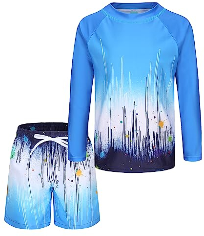 Boys Swim Set Long Sleeve Rash Vest Kids Two Piece Swimming Costume with Board Shorts Boys Rash Guard Swimsuit Age 11-12 Years