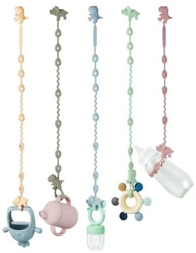 PandaEar Cinghie per Giocattoli per Bambini - Confezione da 5 Cinghie in Silicone a Forma di Dinosauro per Ciucci e Anelli da Denti - Porta Giocattoli Regolabile per Bottiglie, Passeggini
