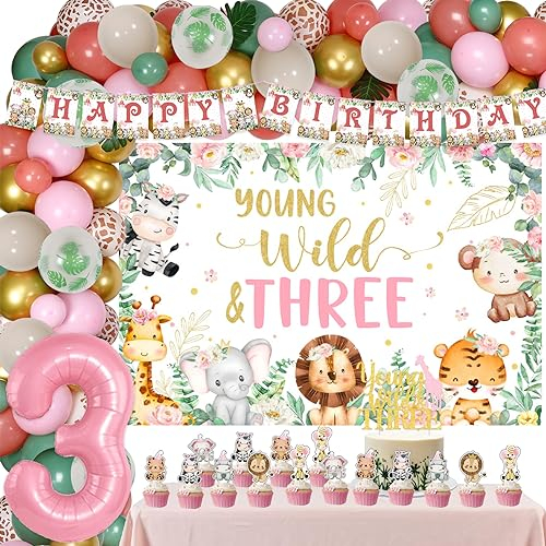 JOYMEMO Young Wild and Three Birthday Decorations Girl - Jungle Safari Theme Young Wild and Three Backdrop Cake Topper with Sage Green Dusty Pink Balloon Garland Kit