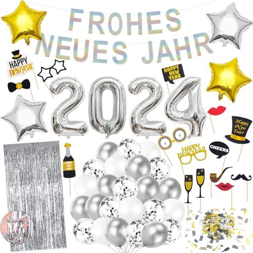 Silvester Deko 2025 XXL, 2025 Neujahrsballons Silber, Frohes Neues Jahr Ballonset, Silber Gold Neujahr Deko, Silvester Party Set, Silvester Konfetti Foto Requisiten Neujahr Lametta-Vorhang (Weiß)