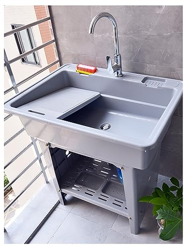 Fregadero De Plástico Independiente Para Lavandería, Fregadero Para Uso Interior Y Exterior Con Grifo De Agua Fría Y Caliente, Lavabo Para Limpieza De Baño, Piscina, Fregadero Para Recipiente Inclinad