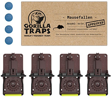 GorillaTraps Mausefallen 4er Set mit Monitoring-Köder von NARA® | Verpackung dient als Köderstation | Mäuse Schlagfalle zur Mäusebekämpfung für drinnen & draußen | Effektive Maus Falle ohne Giftköder