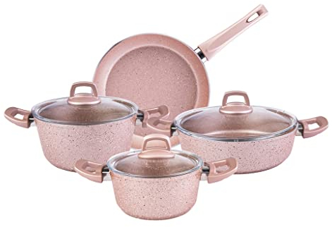 SHAWLA Juego de 7 Utensilios de Cocina, Cacerola y Cacerola, Antiadherente, Granito, Acero Inoxidable, Cocina (Color: Rosa)