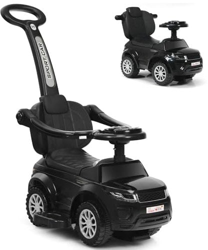 Maxmass 3-in-1 Kids Ride on Push Car, Toddler Foot to Floor Sliding Car with Removable Handlebar, Guardrail & Footrest, Music, Horn, Underneath Storage, Baby Slider Walker for Boys Girls (Black)