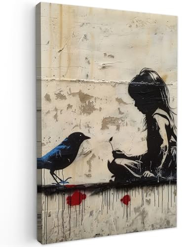 MuchoWow© Impression sur Toile Peinture 40x60 cm Tableau Mural Decoration Salon Reproductions de Tableaux Murale Moderne Street art - Fille - Oiseau - Graffiti - Banksy