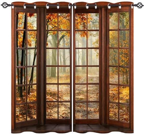 ANHOPE Autumn Curtains Eyelet Blackout Thermal Insulated Curtains Wooden Window Fall Forest Tree Print Pattern Soft Soundproof Privacy Window Drapes for Bedroom Living Room 46 x 54 Inch 2 Panels