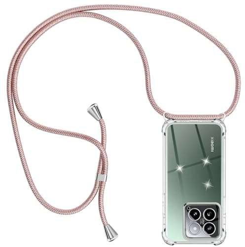 Ptny Handykette Hülle Durchsichtige kompatibel mit Xiaomi 14 5G Hülle mit Band zum Umhängen, Handyhülle Dünn Stoßfest Silikon Transparent Hülle mit Kette Xiaomi 14 5G, Roségold
