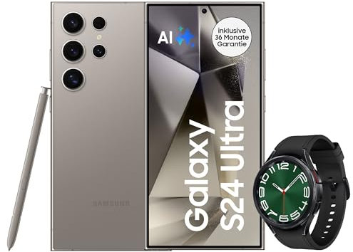 Samsung Galaxy S24 Ultra AI Smartphone, Android-Handy ohne Vertrag, 12GB RAM/512GB Speicher, 200-MP-Kamera, S Pen, Lange Akkulaufzeit, Titanium Gray + Galaxy Watch6 Classic Smartwatch, 47 mm, Schwarz